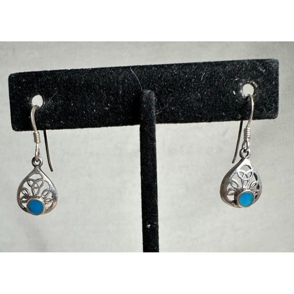 Sterling Silver Celtic Swirl Style Turquoise Dangle Earrings - 1" - Picture 2 of 4